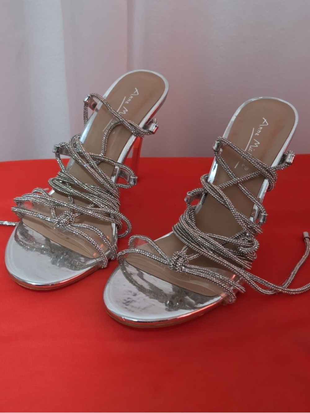 Anne Michelle Silver Rhinestone Strappy High Heels